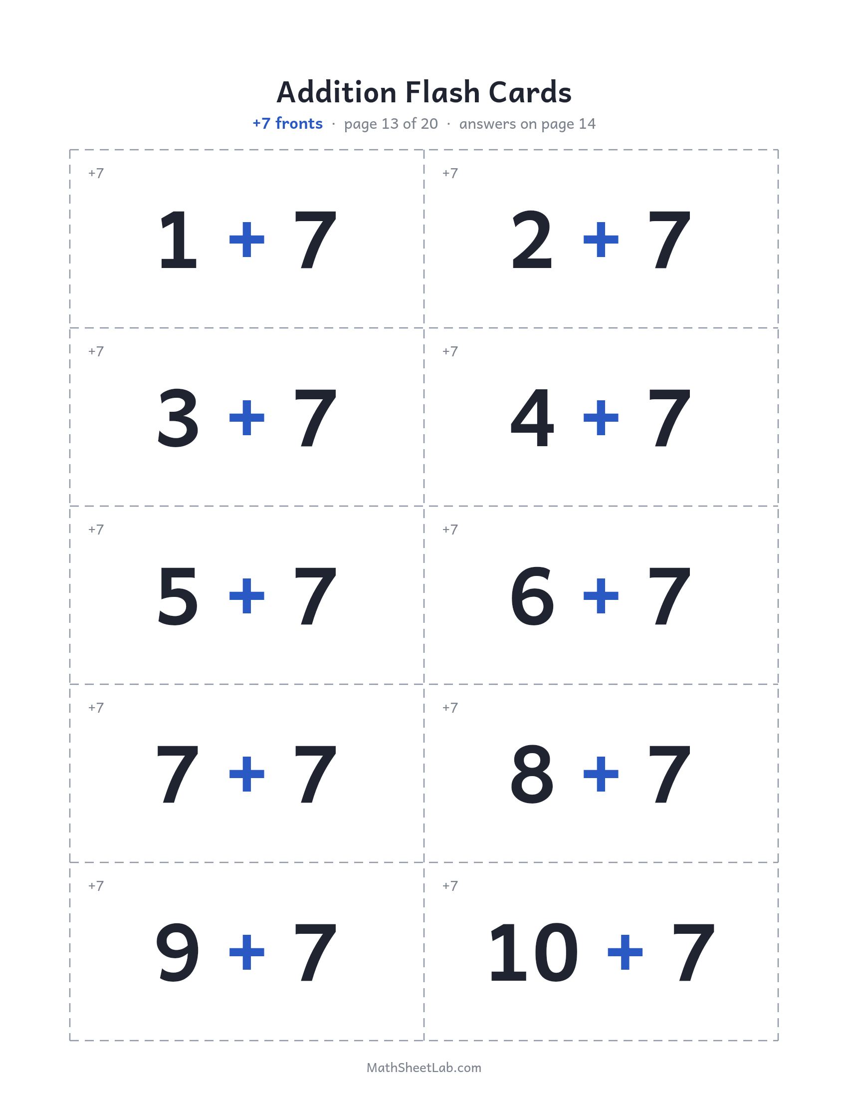 Addition flash cards (sums to 20) — free printable PDF preview