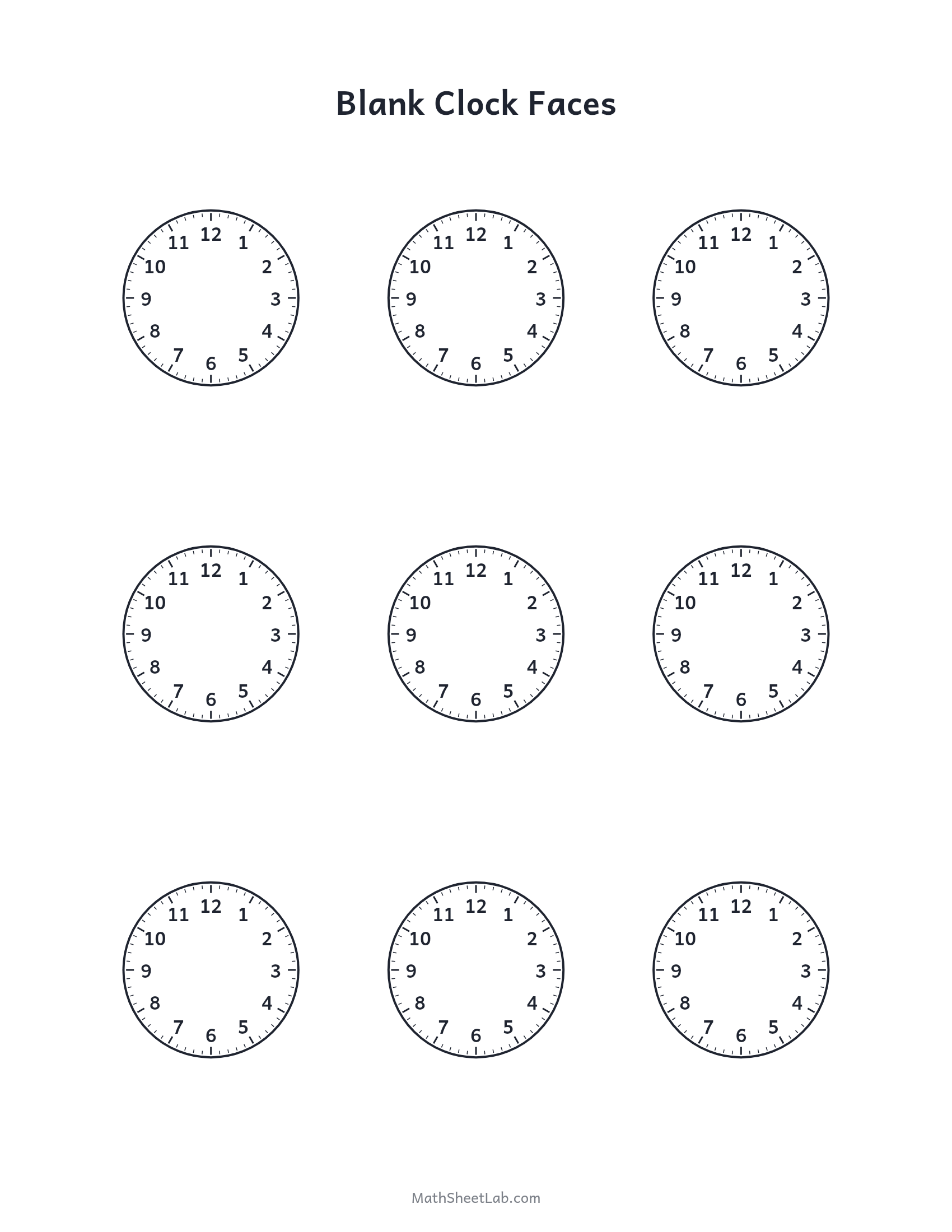 Blank clock faces — free printable PDF preview