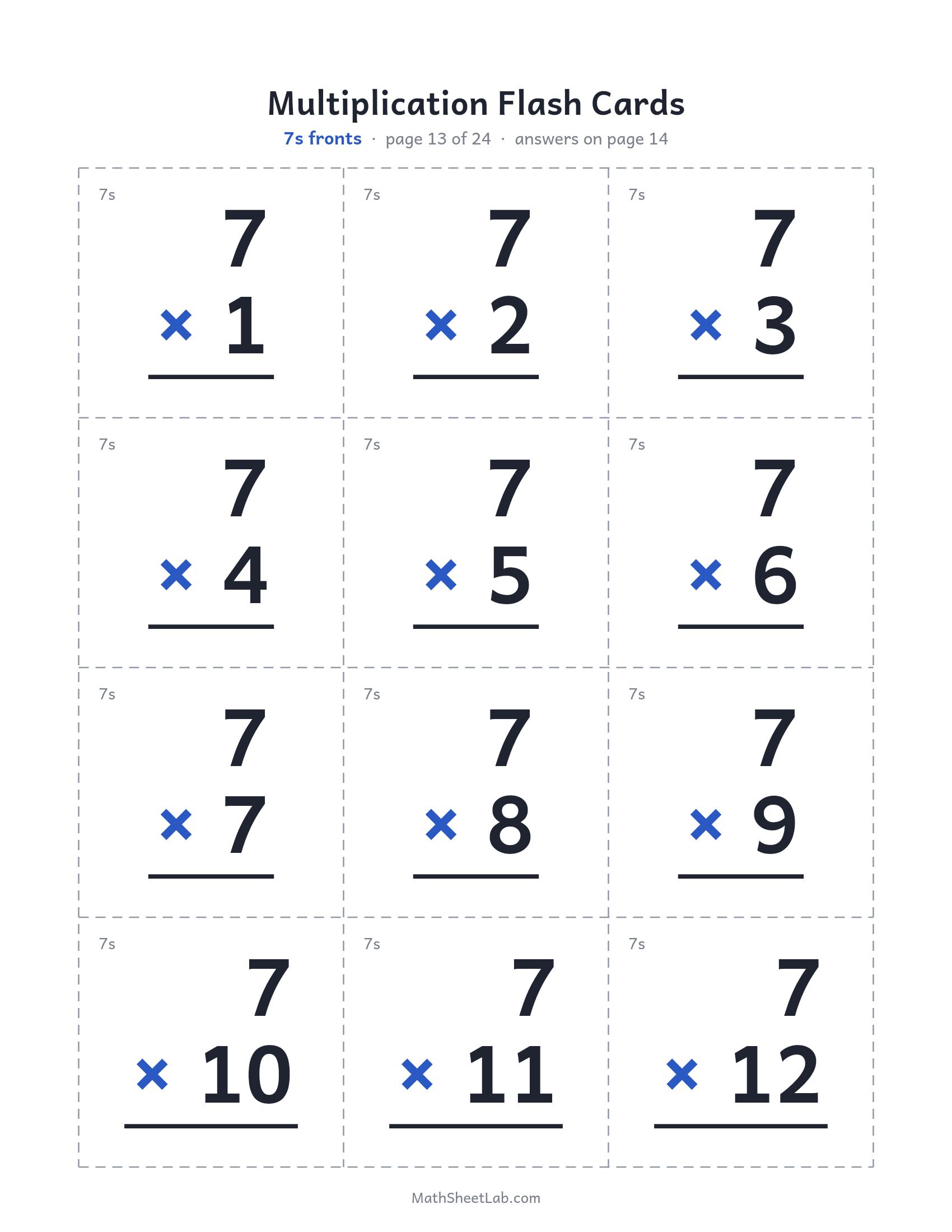 Multiplication flash cards (1–12) — free printable PDF preview