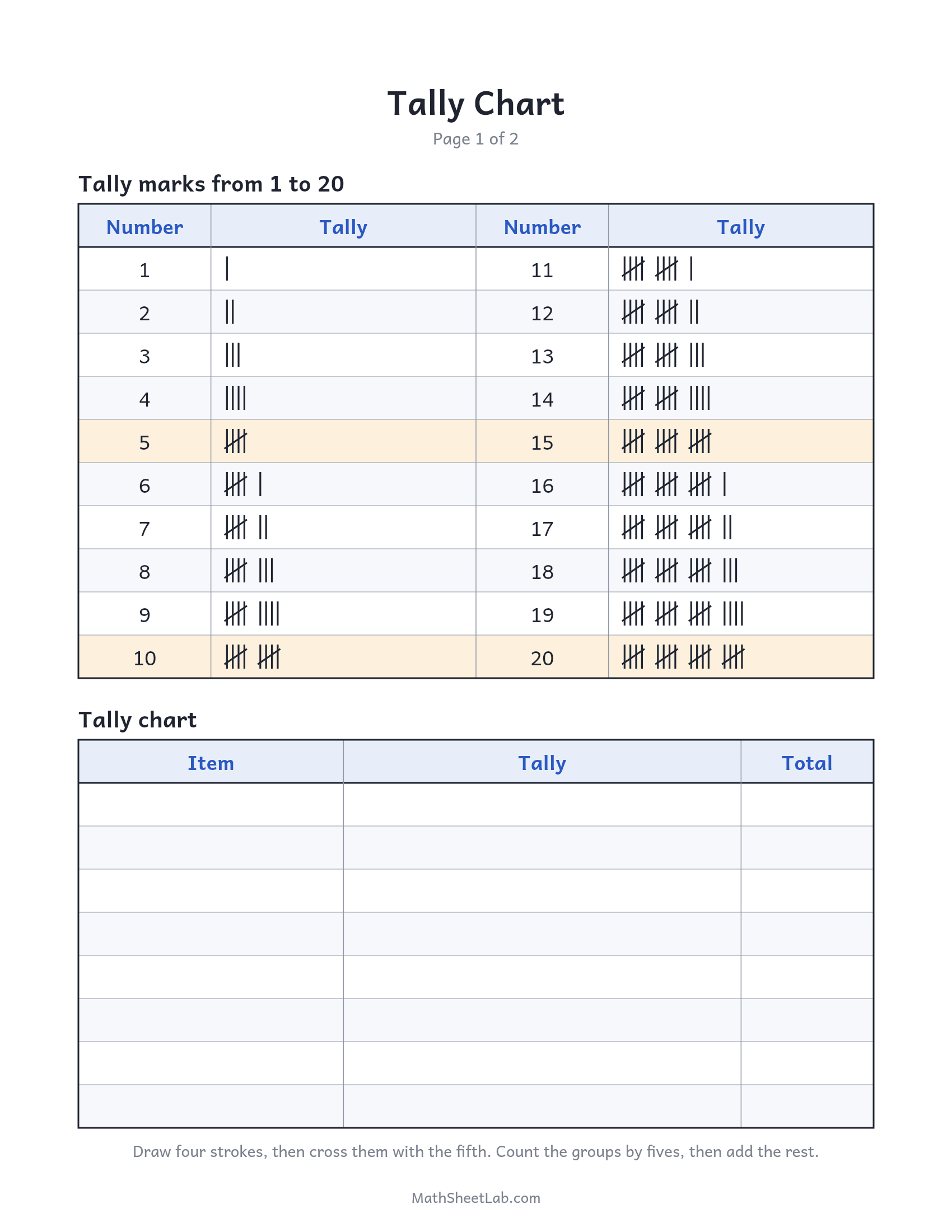 Tally chart — free printable PDF preview