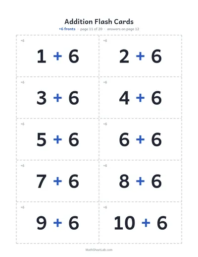 Addition flash cards (sums to 20) — +6 fronts