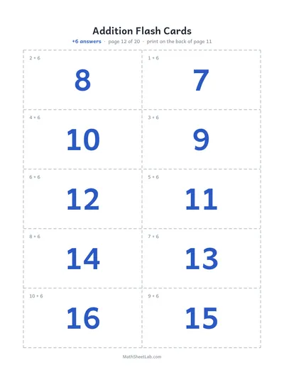 Addition flash cards (sums to 20) — +6 answers