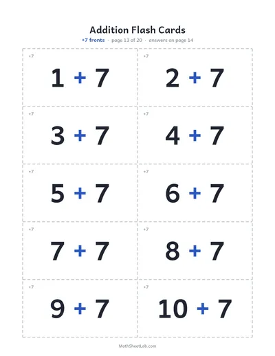 Addition flash cards (sums to 20) — +7 fronts