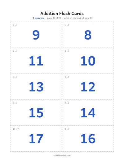 Addition flash cards (sums to 20) — +7 answers