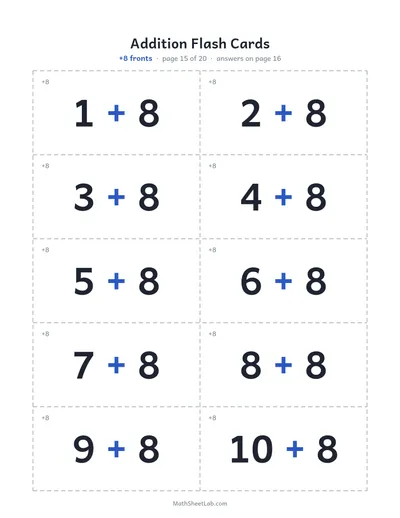 Addition flash cards (sums to 20) — +8 fronts