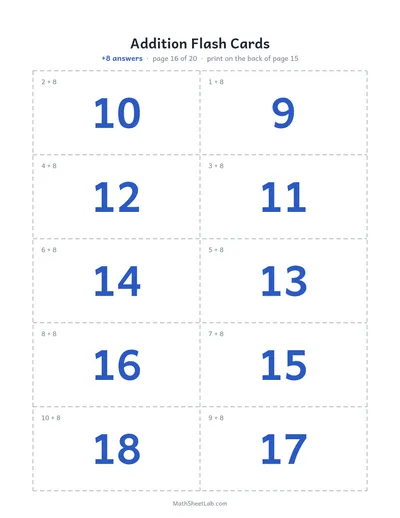 Addition flash cards (sums to 20) — +8 answers