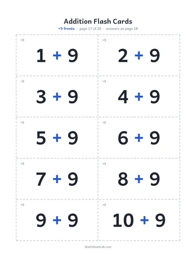 Addition flash cards (sums to 20) — +9 fronts