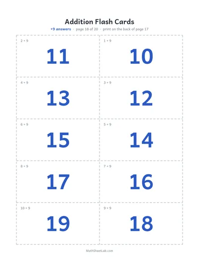 Addition flash cards (sums to 20) — +9 answers