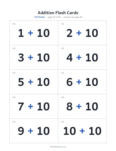 Addition flash cards (sums to 20) — +10 fronts