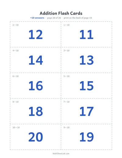 Addition flash cards (sums to 20) — +10 answers