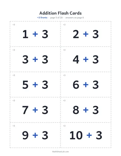 Addition flash cards (sums to 20) — +3 fronts