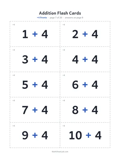 Addition flash cards (sums to 20) — +4 fronts