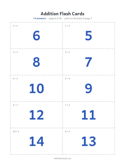 Addition flash cards (sums to 20) — +4 answers