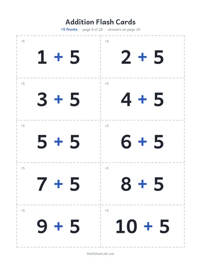 Addition flash cards (sums to 20) — +5 fronts