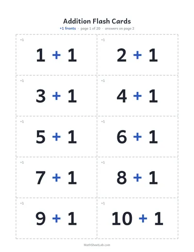 Addition flash cards (sums to 20) — +1 fronts