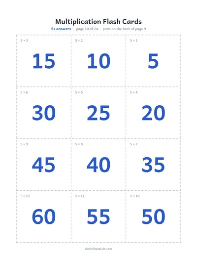 Multiplication flash cards (1–12) — 5s answers