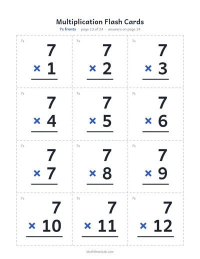 Multiplication flash cards (1–12) — 7s fronts