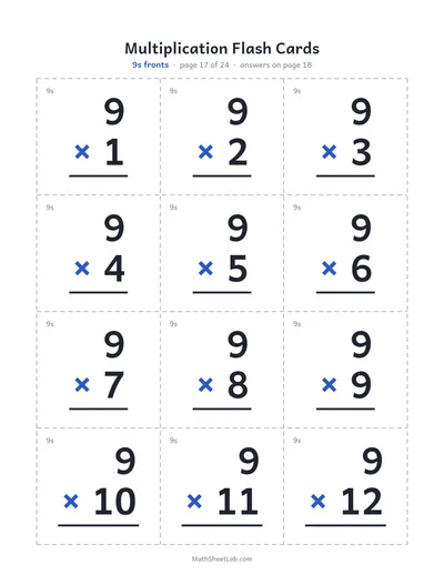 Multiplication flash cards (1–12) — 9s fronts
