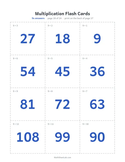 Multiplication flash cards (1–12) — 9s answers
