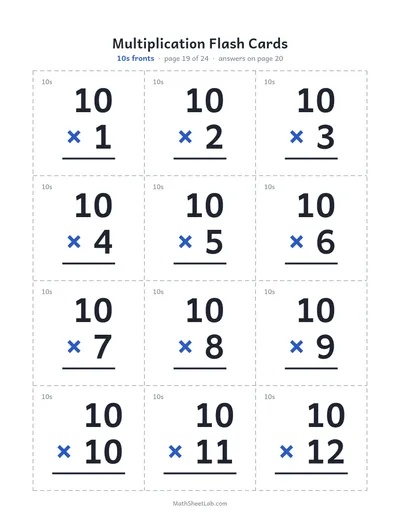 Multiplication flash cards (1–12) — 10s fronts