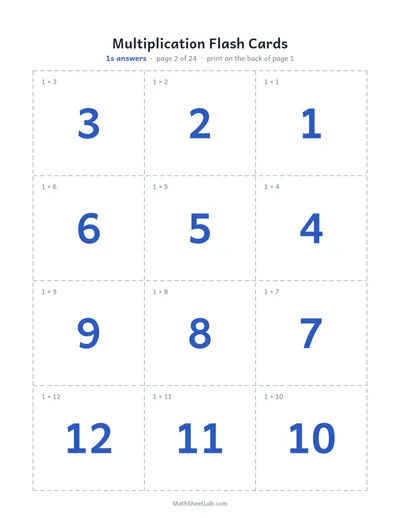 Multiplication flash cards (1–12) — 1s answers