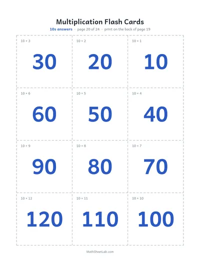 Multiplication flash cards (1–12) — 10s answers
