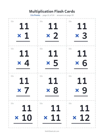Multiplication flash cards (1–12) — 11s fronts