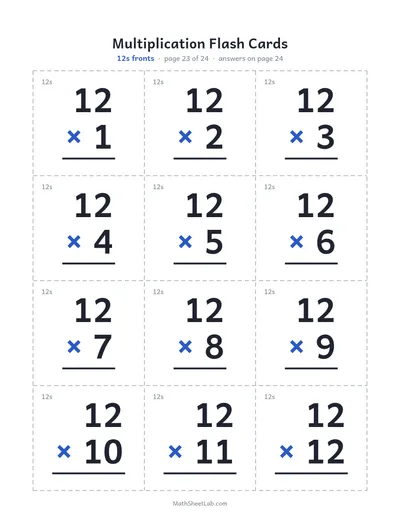 Multiplication flash cards (1–12) — 12s fronts