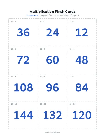 Multiplication flash cards (1–12) — 12s answers