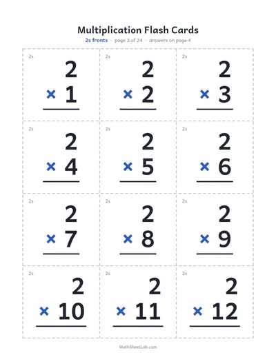Multiplication flash cards (1–12) — 2s fronts