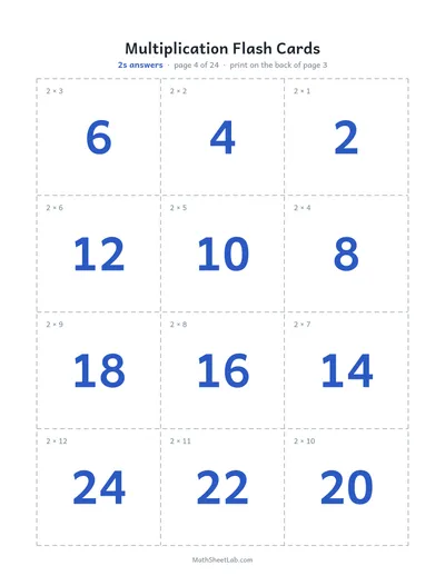 Multiplication flash cards (1–12) — 2s answers