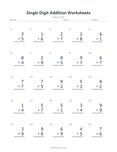 Single digit addition worksheets — Sheet 2