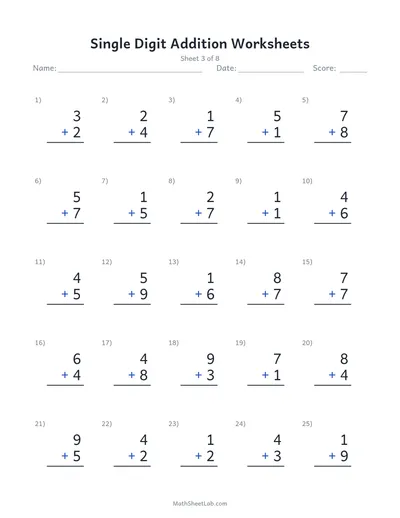Single digit addition worksheets — Sheet 3