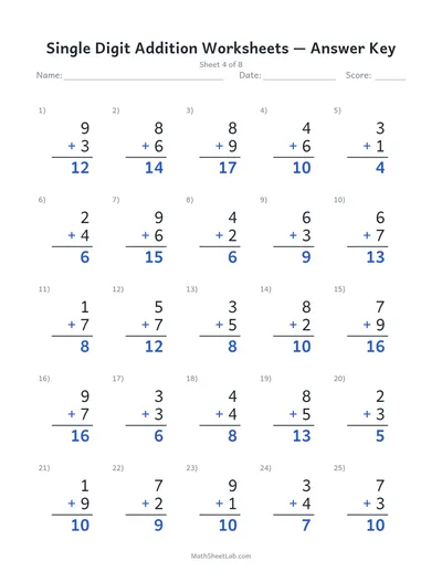 Single digit addition worksheets — Sheet 4 answers