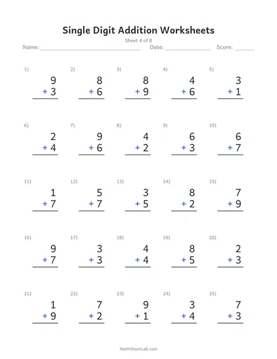 Single digit addition worksheets — Sheet 4
