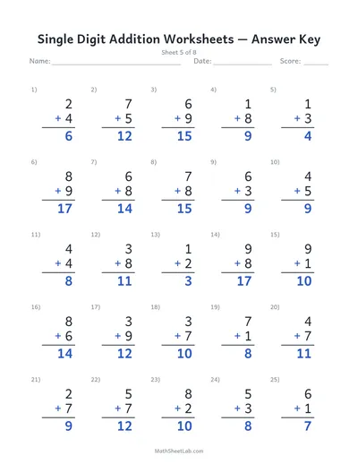 Single digit addition worksheets — Sheet 5 answers