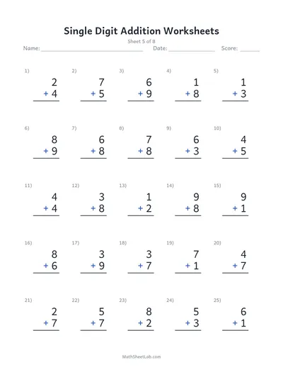 Single digit addition worksheets — Sheet 5