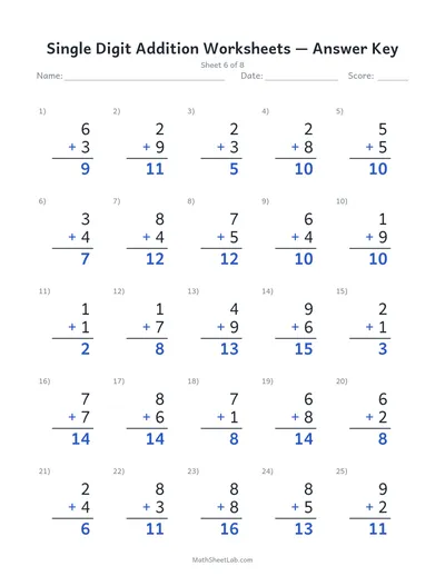 Single digit addition worksheets — Sheet 6 answers