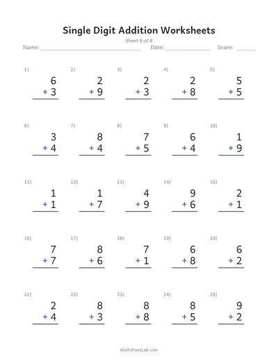 Single digit addition worksheets — Sheet 6