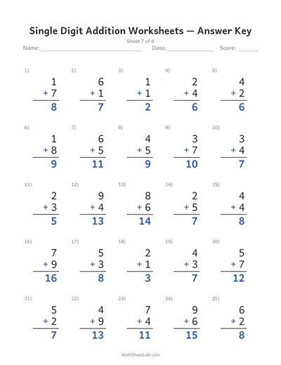 Single digit addition worksheets — Sheet 7 answers