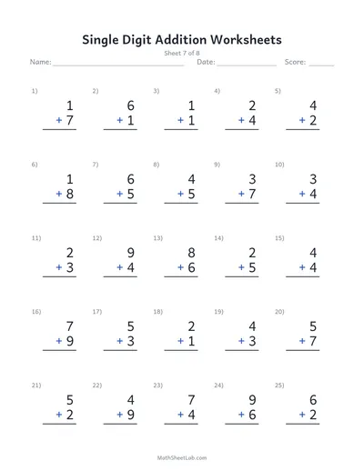 Single digit addition worksheets — Sheet 7