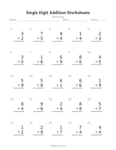 Single digit addition worksheets — Sheet 8