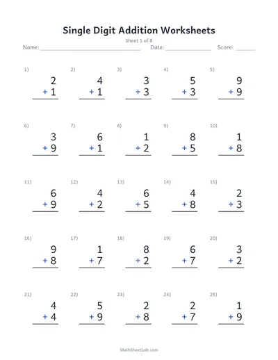 Single digit addition worksheets — Sheet 1