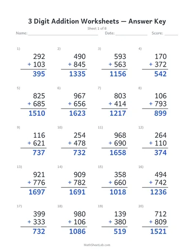 3 digit addition worksheets — Sheet 1 answers