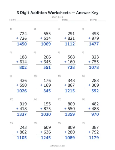 3 digit addition worksheets — Sheet 2 answers
