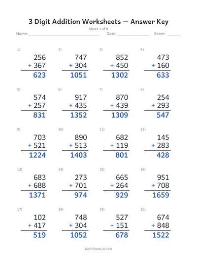 3 digit addition worksheets — Sheet 3 answers