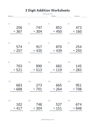 3 digit addition worksheets — Sheet 3