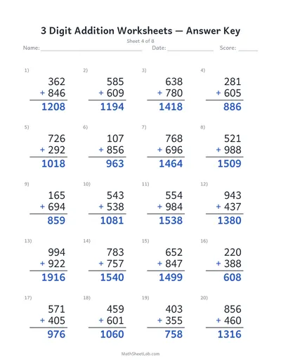 3 digit addition worksheets — Sheet 4 answers