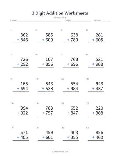 3 digit addition worksheets — Sheet 4