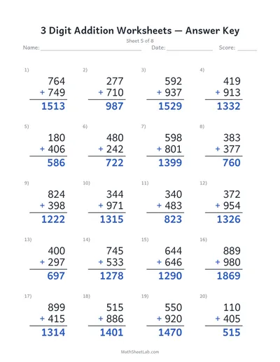 3 digit addition worksheets — Sheet 5 answers